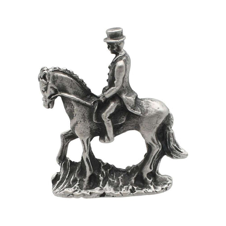 English-made pewter horse and rider figurine ornament, opposite side view showing top hat, horse's mane, tail and textured base