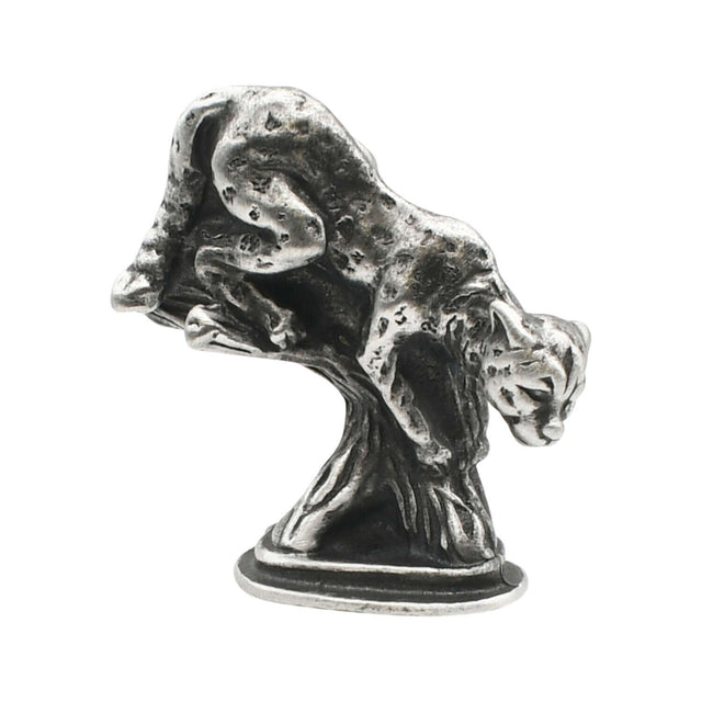 English-made pewter leopard figurine ornament climbing down a tree branch, first side view showing spotted coat