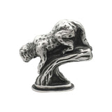 English-made pewter leopard ornament, opposite side view with curled tail and sculpted tree branch