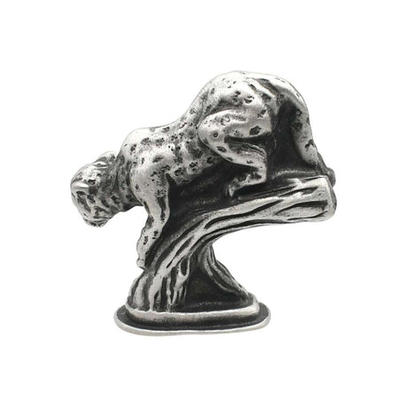 English-made pewter leopard ornament, opposite side view with curled tail and sculpted tree branch