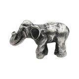 English-made pewter Asian elephant figurine ornament, first side view showing curved trunk, ears and sculpted body details