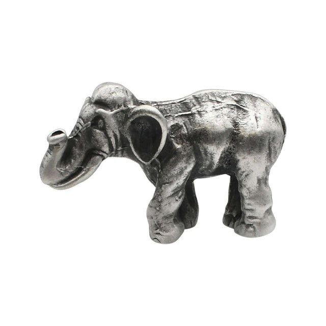 English-made pewter Asian elephant figurine ornament, first side view showing curved trunk, ears and sculpted body details