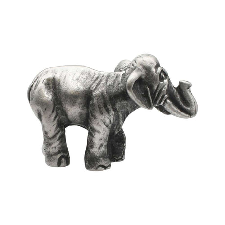 English-made pewter Asian elephant figurine ornament, opposite side view showing raised trunk and textured legs