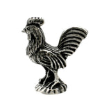 English-made pewter cockerel rooster figurine ornament, first side view showing comb, wing detail and raised tail feathers
