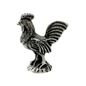 English-made pewter cockerel rooster figurine ornament, first side view showing comb, wing detail and raised tail feathers