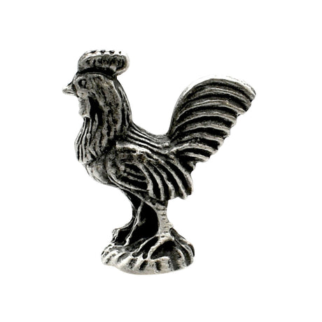 English-made pewter cockerel rooster figurine ornament, first side view showing comb, wing detail and raised tail feathers
