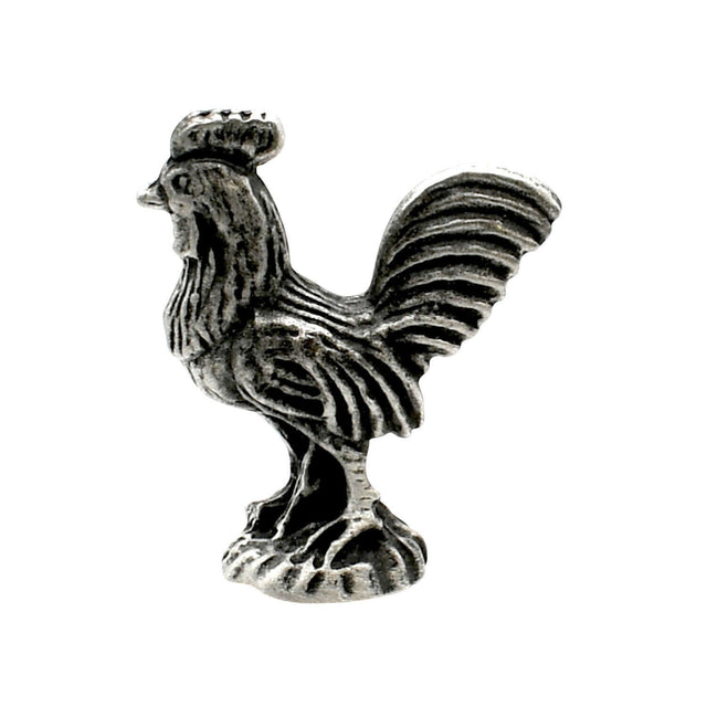English-made pewter cockerel rooster figurine ornament, first side view showing comb, wing detail and raised tail feathers