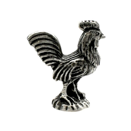 English-made pewter cockerel rooster figurine ornament, opposite side view with detailed plumage and sweeping tail