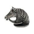 English-made pewter horse head ornament, first side view showing the bridle, sculpted mane and horse's profile