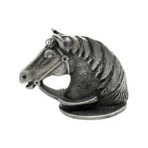 English-made pewter horse head ornament, first side view showing the bridle, sculpted mane and horse's profile