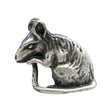 English-made pewter sitting rat figurine ornament, first side view showing rounded ears, pointed nose, textured fur and curved tail