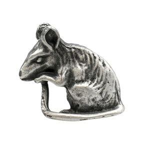 English-made pewter sitting rat figurine ornament, first side view showing rounded ears, pointed nose, textured fur and curved tail