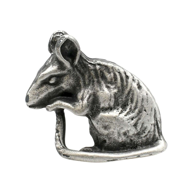 English-made pewter sitting rat figurine ornament, first side view showing rounded ears, pointed nose, textured fur and curved tail