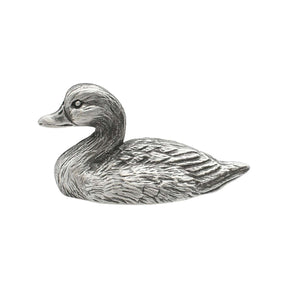 English-made pewter duck figurine ornament, first side showing curved neck and detailed wing feathers