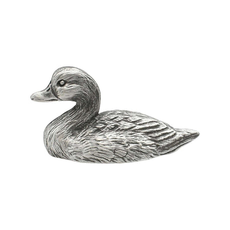 English-made pewter duck figurine ornament, first side showing curved neck and detailed wing feathers