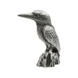 English-made pewter kingfisher ornament perched on a stump, first side view showing long beak and feather texture