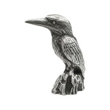 English-made pewter kingfisher ornament perched on a stump, first side view showing long beak and feather texture