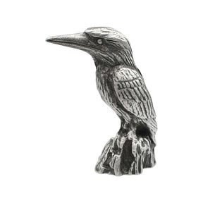 English-made pewter kingfisher ornament perched on a stump, first side view showing long beak and feather texture