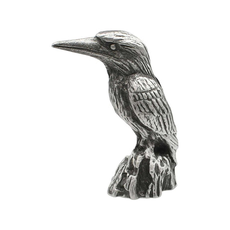 English-made pewter kingfisher ornament perched on a stump, first side view showing long beak and feather texture
