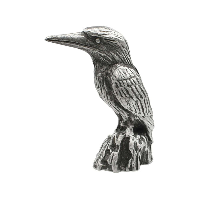 English-made pewter kingfisher ornament perched on a stump, first side view showing long beak and feather texture