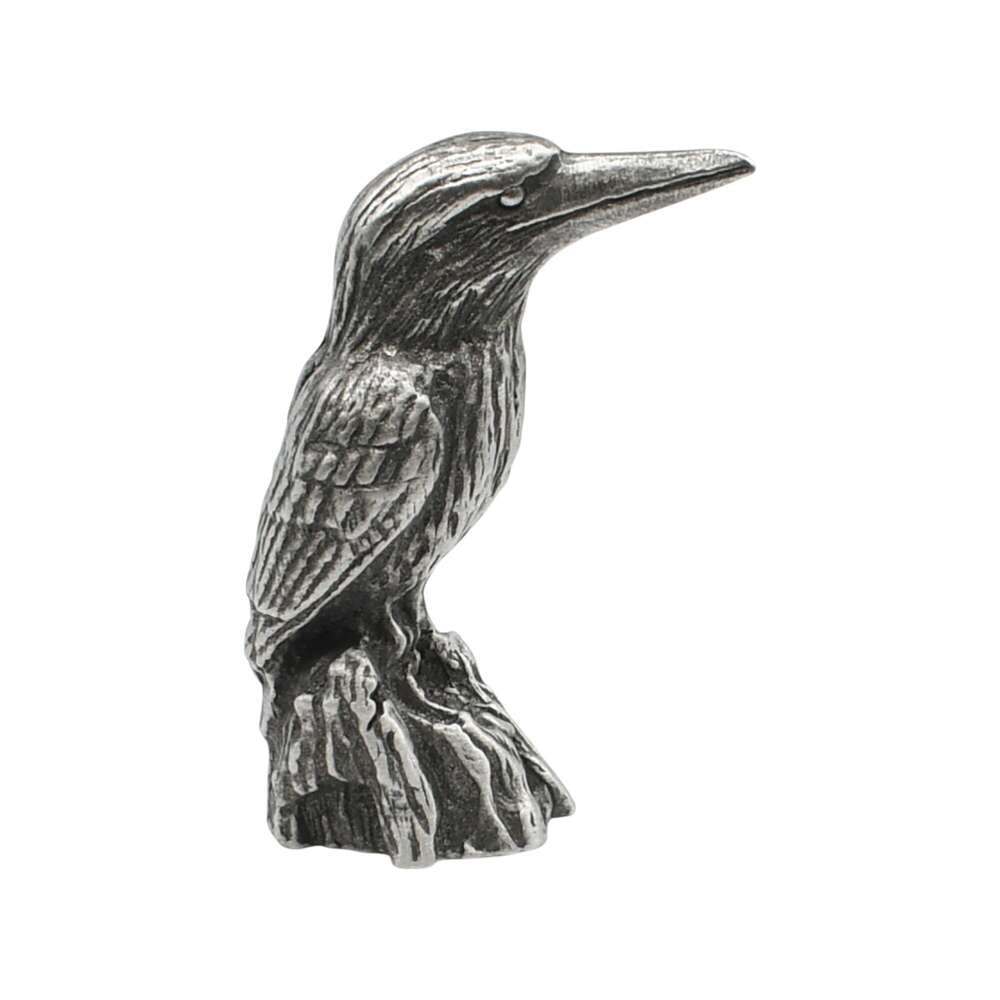 English-made pewter kingfisher ornament, opposite side view showing detailed wing feathers and tree stump