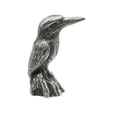 English-made pewter kingfisher ornament, opposite side view showing detailed wing feathers and tree stump