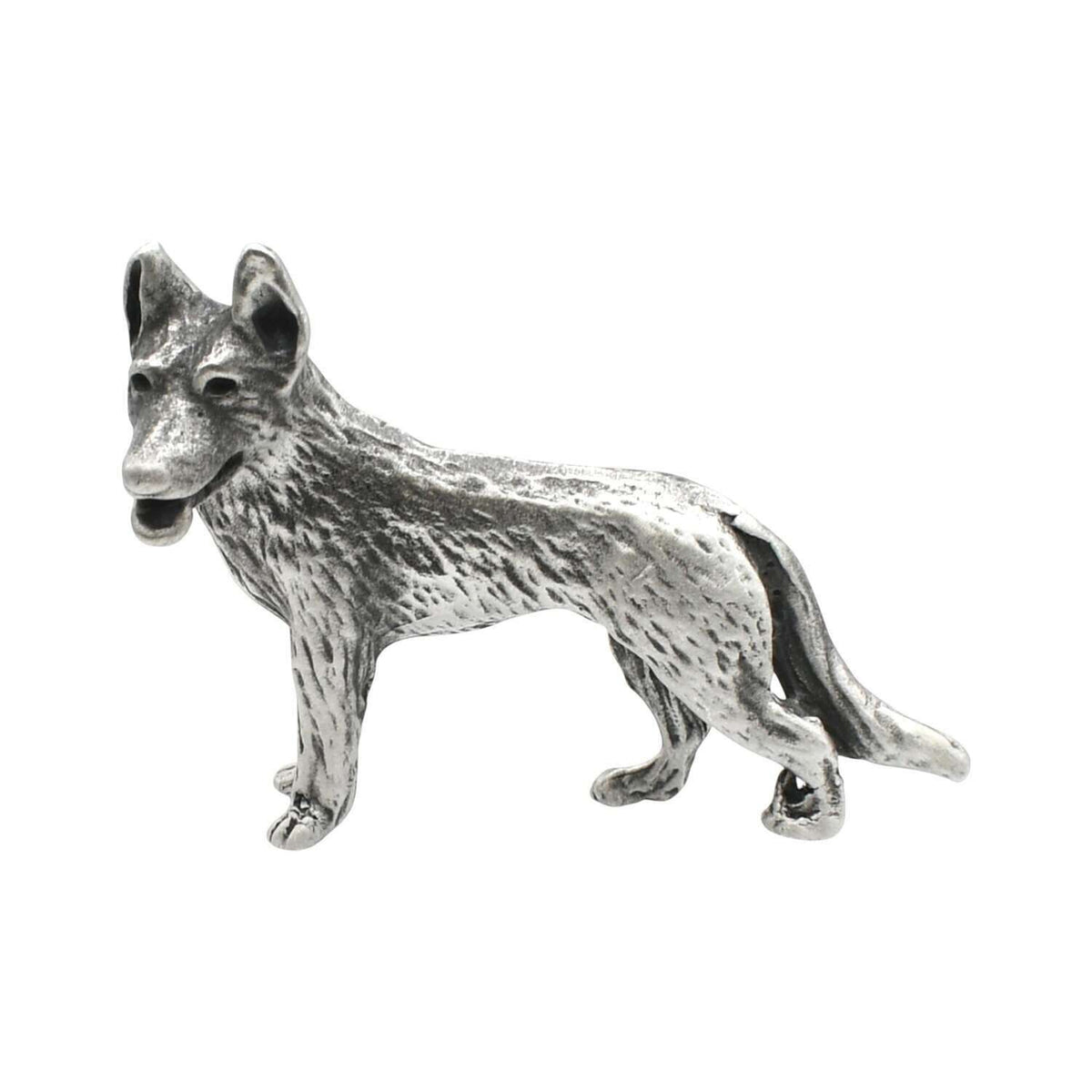 English-made pewter standing German Shepherd Alsatian dog ornament with upright ears and sculpted fur, first view
