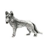 English-made pewter standing German Shepherd Alsatian dog ornament with upright ears and sculpted fur, first view