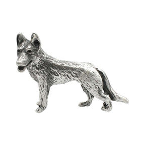English-made pewter standing German Shepherd Alsatian dog ornament with upright ears and sculpted fur, first view