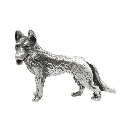 English-made pewter standing German Shepherd Alsatian dog ornament with upright ears and sculpted fur, first view