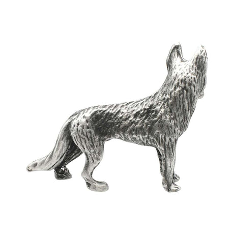 English-made pewter standing German Shepherd dog figurine, opposite side showing textured coat and long tail