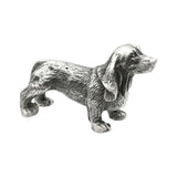 English-made pewter Basset Hound figurine ornament, first side view with long ears, short legs and textured coat
