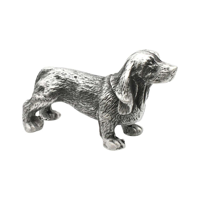 English-made pewter Basset Hound figurine ornament, first side view with long ears, short legs and textured coat