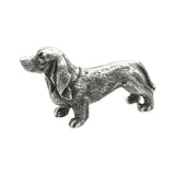 English-made pewter Basset Hound dog ornament, opposite side showing elongated body and drooping ears