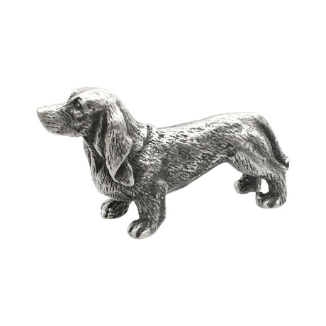 English-made pewter Basset Hound dog ornament, opposite side showing elongated body and drooping ears
