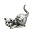 English-made pewter long tail playful cat ornament, crouching with head lowered, front paws outstretched and raised tail – first view