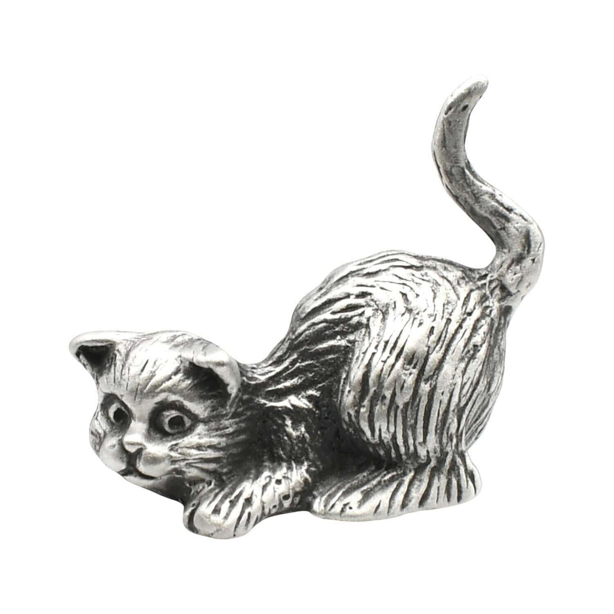 English-made pewter long tail playful cat ornament, crouching with head lowered, front paws outstretched and raised tail – first view