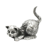 English-made pewter long tail playful cat ornament, crouching with head lowered, front paws outstretched and raised tail – first view