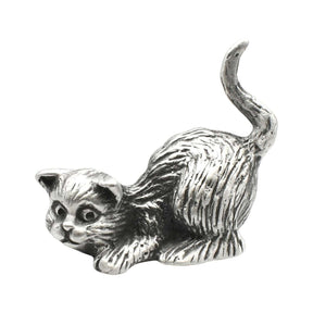 English-made pewter long tail playful cat ornament, crouching with head lowered, front paws outstretched and raised tail – first view