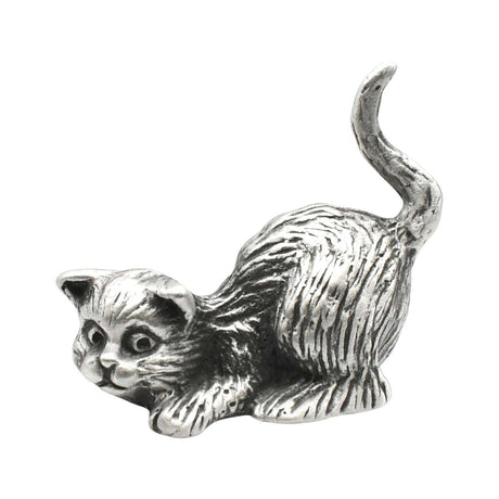 English-made pewter long tail playful cat ornament, crouching with head lowered, front paws outstretched and raised tail – first view