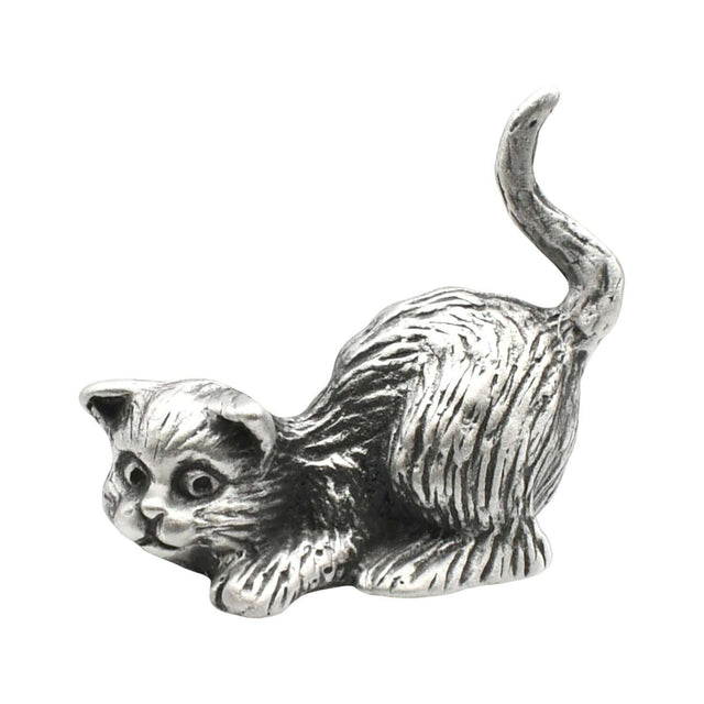 English-made pewter long tail playful cat ornament, crouching with head lowered, front paws outstretched and raised tail – first view
