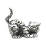English-made pewter long tail playful cat figurine, opposite rear view showing curved upright tail and sculpted fur