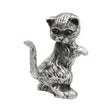 English-made pewter begging cat figurine ornament, front view with raised paw and curved tail