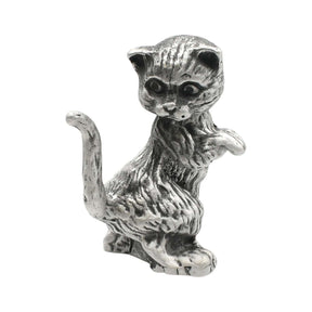 English-made pewter begging cat figurine ornament, front view with raised paw and curved tail