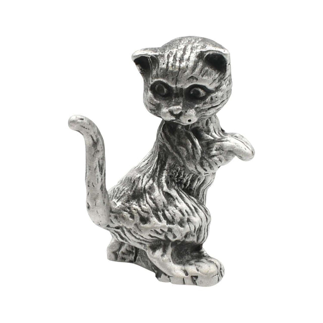 English-made pewter begging cat figurine ornament, front view with raised paw and curved tail