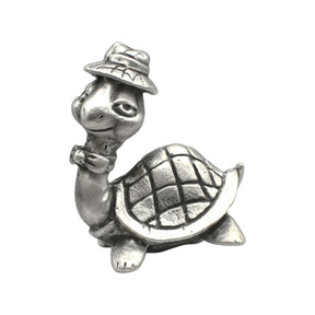 English-made pewter comical turtle figurine ornament with hat and bow tie, front view
