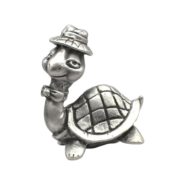 English-made pewter comical turtle figurine ornament with hat and bow tie, front view