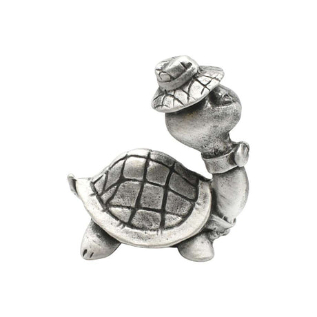 Back of English-made pewter comical turtle figurine showing the patterned shell and hat