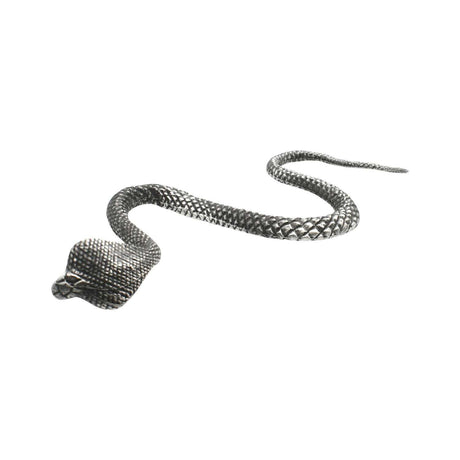 English made pewter long snake ornament with winding body and intricate scale pattern, top view