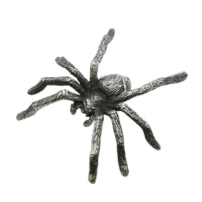 English-made pewter spider figurine ornament with eight textured legs, front top view